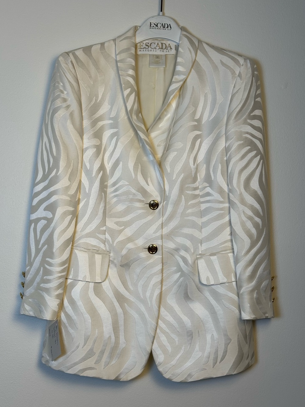 Vintage Escada Margaretha Ley Silk Zebra Blazer Jacket Cream White Gold 38